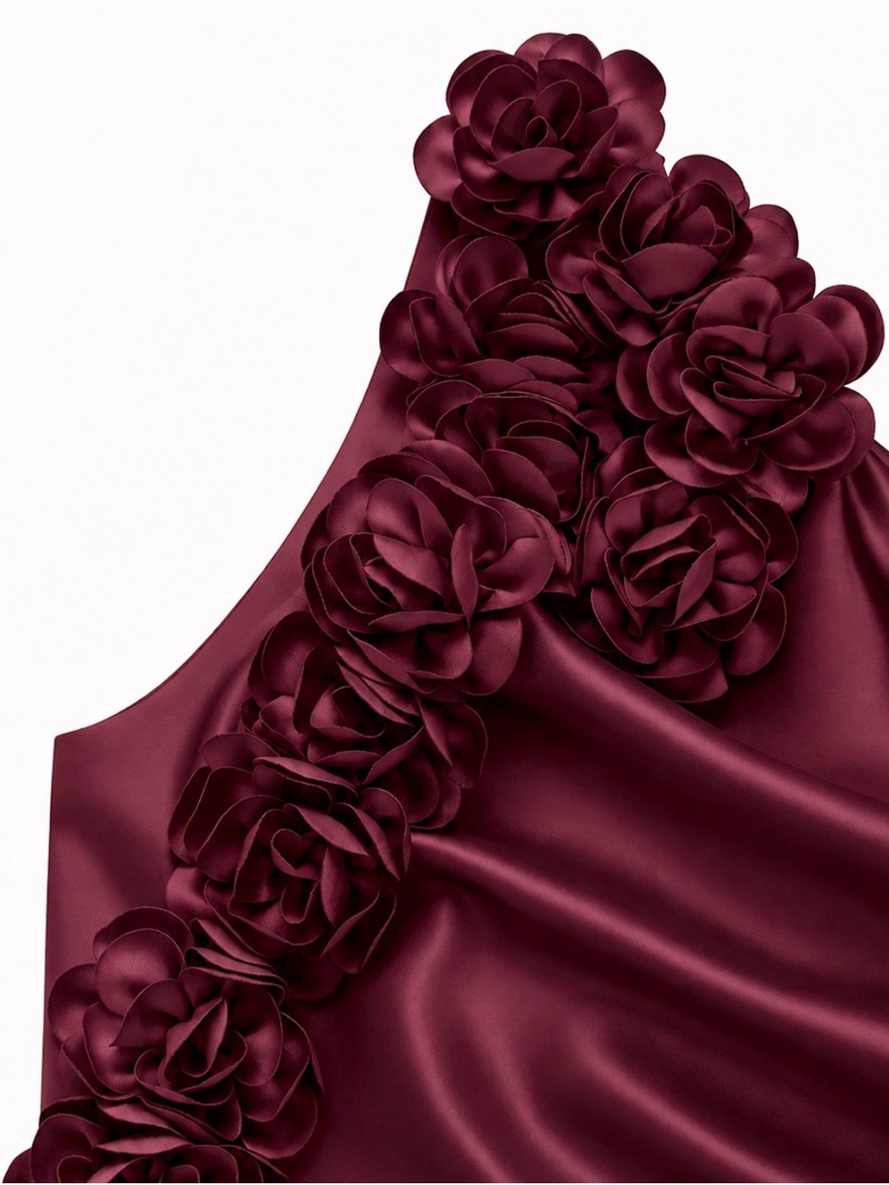 One-Shoulder Burgundy Satin Evening Gown with Floral Shoulder Detail #411 - Picture 9 of 11